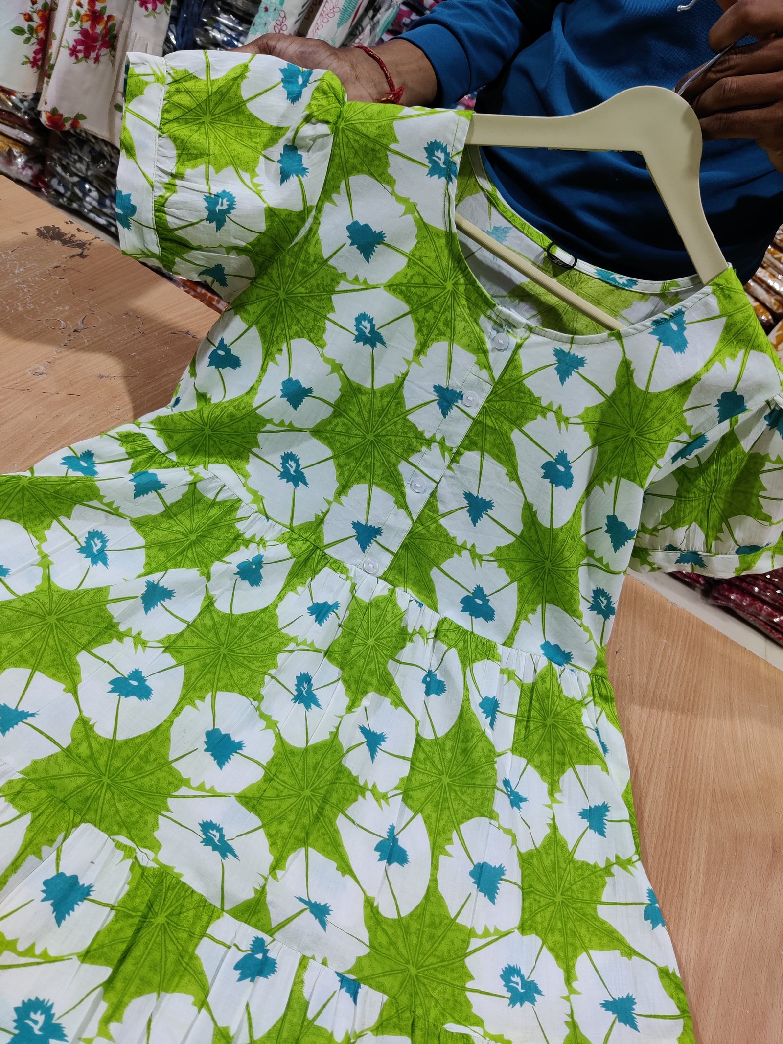 Green Printed Cotton Midi Gown Dress